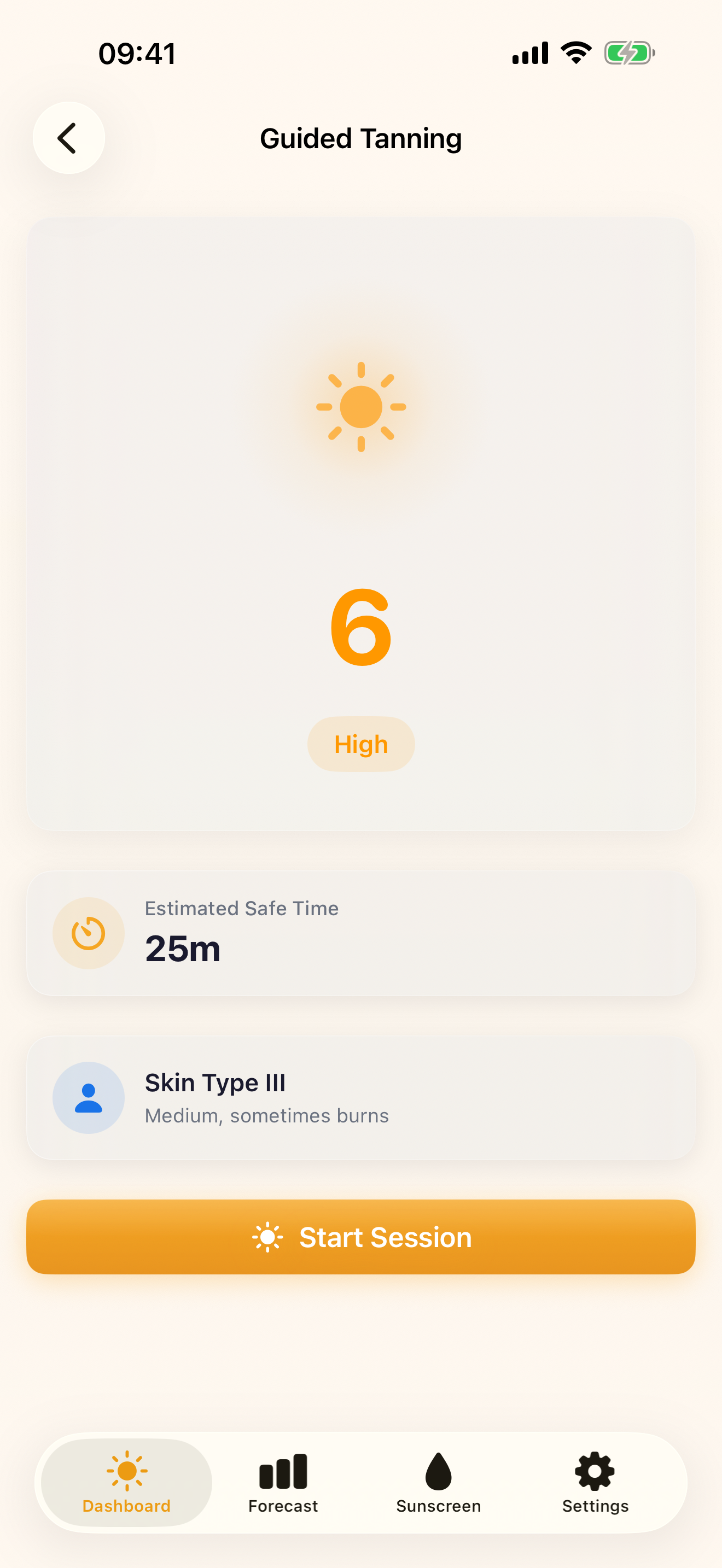 Guided tanning session with timer and UV monitoring