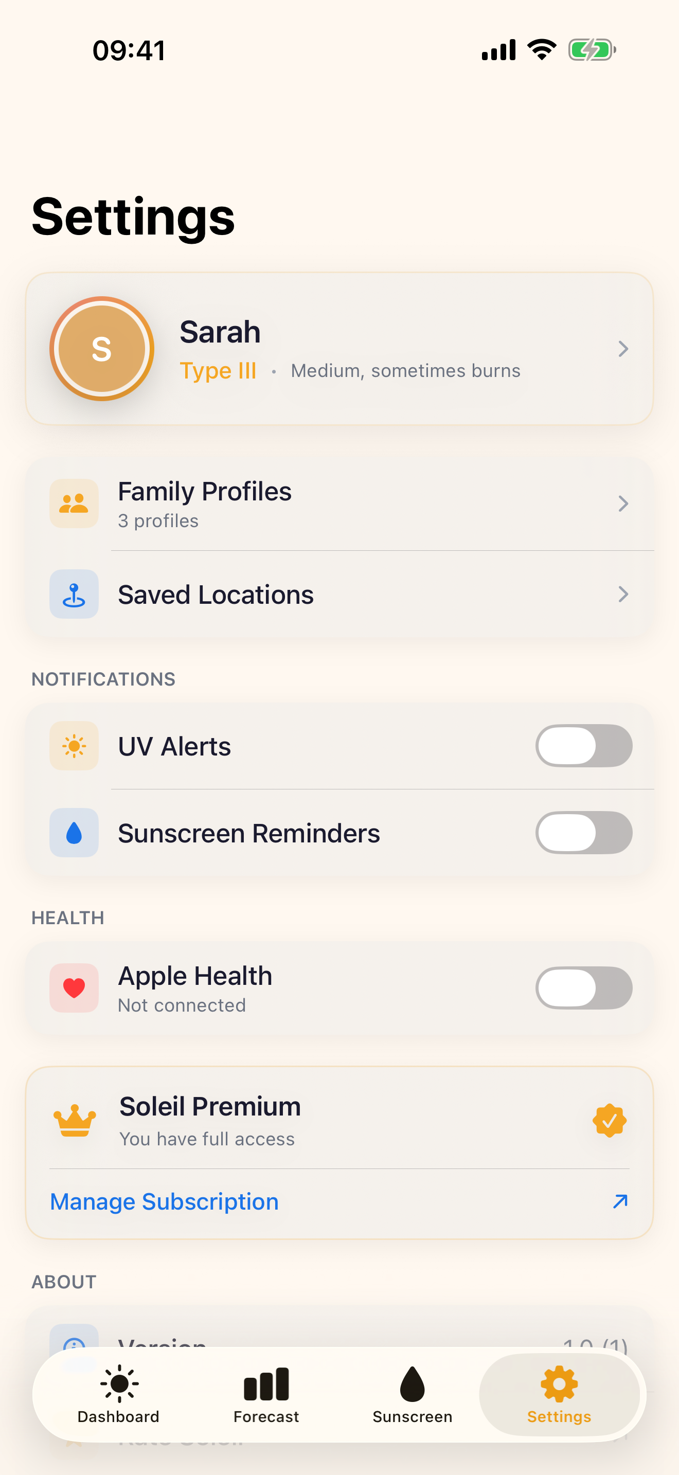 App settings and skin type configuration